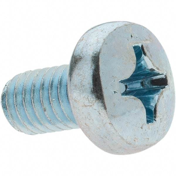 Value Collection - M6x1.00, 10mm Length Under Head Phillips Drive Machine Screw - Pan Head, Grade 4.8 Steel, Zinc-Plated Finish, Without Washer - Americas Industrial Supply
