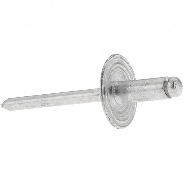 Value Collection - Size 64 Large Flange Dome Head Aluminum Open End Blind Rivet - Aluminum Mandrel, 0.062" to 1/4" Grip, 0.615" Head Diam, 0.192" to 0.196" Hole Diam, 0.45" Length Under Head, 3/16" Body Diam - Americas Industrial Supply