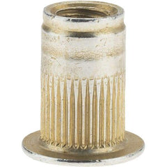 Value Collection - #8-32, 0.265 Insert Diam, 0.42" OAL, Knurled Body Open End Threaded Insert - 0.2656" Hole Diam, 0.39" Head Diam, 1008/1010 Steel, Clear Protective Coating & Zinc Yellow Dichromate Finish - Americas Industrial Supply