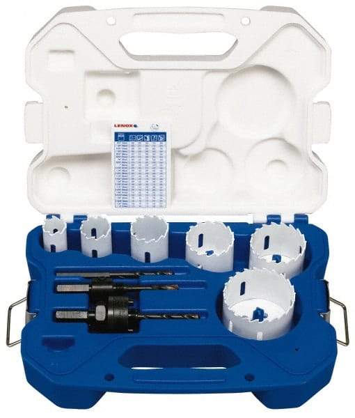 Lenox - 8 Piece, 7/8" to 2-1/2" Saw Diam, Electrician's Hole Saw Kit - Carbide-Tipped, Toothed Edge, Pilot Drill Model No. 123CT, Includes 6 Hole Saws - Americas Industrial Supply