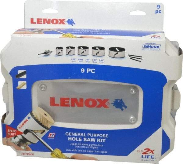 Lenox - 9 Piece, 2-1/8" to 4-3/4" Saw Diam, General Purpose Hole Saw Kit - Bi-Metal, Includes 5 Hole Saws - Americas Industrial Supply