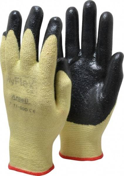 Ansell - Size S (7), ANSI Cut Lvl 2, Abrasion Lvl 3, Nitrile Coated Cut Resistant Gloves - Palm & Fingers Coated, Kevlar Lining, Knit Wrist, Black/Yellow, Paired - Americas Industrial Supply
