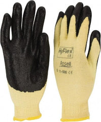 Ansell - Size M (8), ANSI Cut Lvl 2, Abrasion Lvl 3, Nitrile Coated Cut Resistant Gloves - Palm & Fingers Coated, Kevlar Lining, Knit Wrist, Black/Yellow, Paired - Americas Industrial Supply