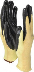 Ansell - Size L (9), ANSI Cut Lvl 2, Abrasion Lvl 3, Nitrile Coated Cut Resistant Gloves - Palm & Fingers Coated, Kevlar Lining, Knit Wrist, Black/Yellow, Paired - Americas Industrial Supply