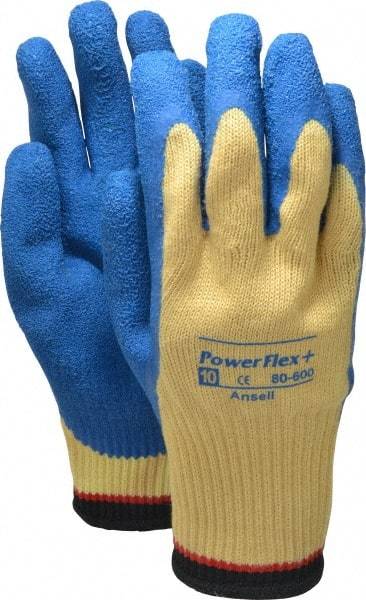 Ansell - Size XL (10), ANSI Cut Lvl 2, Abrasion Lvl 4, Natural Rubber Latex Coated Cut Resistant Gloves - Palm & Fingers Coated, Kevlar Lining, Knit Wrist, Blue/Yellow, Paired - Americas Industrial Supply