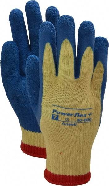 Ansell - Size S (7), ANSI Cut Lvl 2, Abrasion Lvl 4, Natural Rubber Latex Coated Cut Resistant Gloves - Palm & Fingers Coated, Kevlar Lining, Knit Wrist, Blue/Yellow, Paired - Americas Industrial Supply
