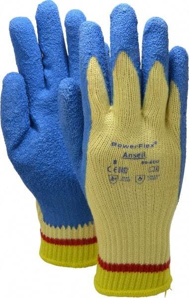 Ansell - Size M (8), ANSI Cut Lvl 2, Abrasion Lvl 4, Natural Rubber Latex Coated Cut Resistant Gloves - Palm & Fingers Coated, Kevlar Lining, Knit Wrist, Blue/Yellow, Paired - Americas Industrial Supply
