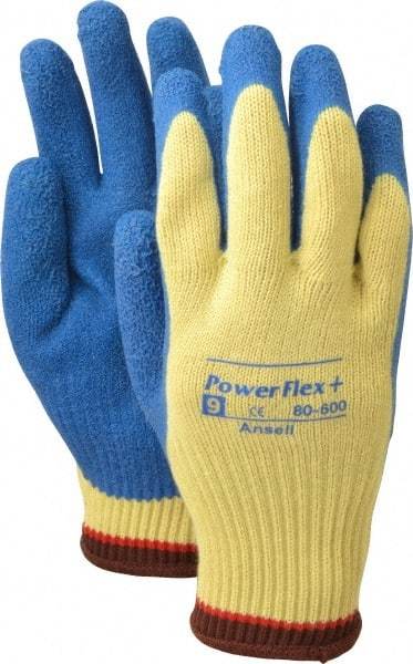 Ansell - Size L (9), ANSI Cut Lvl 2, Abrasion Lvl 4, Natural Rubber Latex Coated Cut Resistant Gloves - Palm & Fingers Coated, Kevlar Lining, Knit Wrist, Blue/Yellow, Paired - Americas Industrial Supply