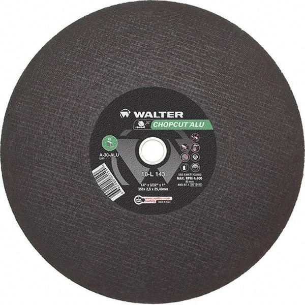 WALTER Surface Technologies - 14" 30 Grit Aluminum Oxide Cutoff Wheel - 3/32" Thick, 1" Arbor, 4,400 Max RPM, Use with Chop Saws - Americas Industrial Supply