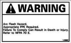 NMC - Accident Prevention Label, Header: WARNING - Legend: Warning - Arc Flash Hazard - Appropriate PPE Required - Failure to Comply Can Result in Death or Injury - Refer to NFPA 70E, English, Black & Orange, 5" Long x 3" High, Sign Muscle Finish - Americas Industrial Supply