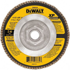 DeWALT - 40 Grit, 4-1/2" Disc Diam, 5/8-11 Center Hole, Type 27 Zirconia Alumina Flap Disc - 13,300 Max RPM, Cloth Backing, Arbor Attaching System, Coated - Americas Industrial Supply