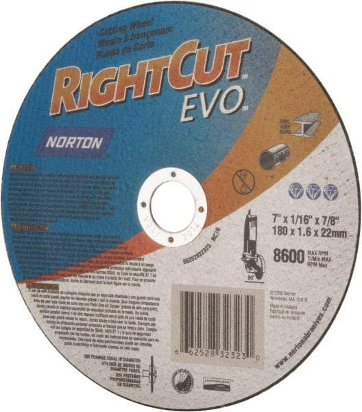 Norton - 7" Aluminum Oxide Cutoff Wheel - 0.045" Thick, 7/8" Arbor, 8,600 Max RPM, Use with Angle Grinders - Americas Industrial Supply