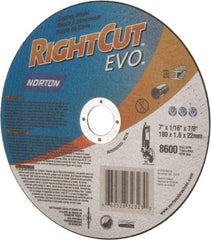 Norton - 7" Aluminum Oxide Cutoff Wheel - 0.045" Thick, 7/8" Arbor, 8,600 Max RPM, Use with Angle Grinders - Americas Industrial Supply