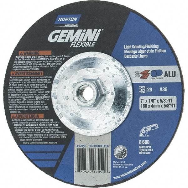 Norton - 36 Grit, 7" Wheel Diam, 1/8" Wheel Thickness, Type 29 Depressed Center Wheel - Aluminum Oxide, 8,600 Max RPM, Compatible with Angle Grinder - Americas Industrial Supply