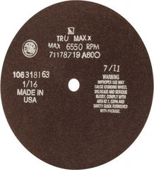 Tru-Maxx - 7" 60 Grit Aluminum Oxide Cutoff Wheel - 1/16" Thick, 1/2" Arbor, 5,184 Max RPM, Use with Stationary Tools - Americas Industrial Supply