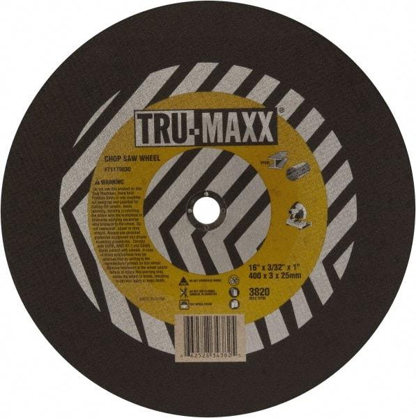 Tru-Maxx - 16" 36 Grit Aluminum Oxide Cutoff Wheel - 7/64" Thick, 1" Arbor, 3,820 Max RPM, Use with Chop Saws - Americas Industrial Supply