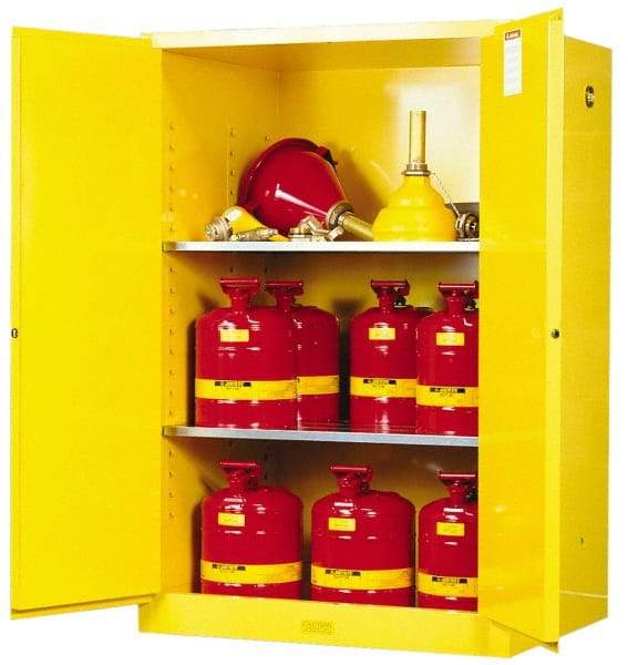 Justrite - 2 Door, 2 Shelf, Yellow Steel Standard Safety Cabinet for Flammable and Combustible Liquids - 65" High x 43" Wide x 34" Deep, Manual Closing Door, 3 Point Key Lock, 90 Gal Capacity - Americas Industrial Supply