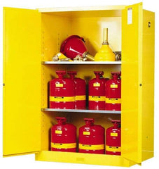 Justrite - 2 Door, 2 Shelf, Yellow Steel Standard Safety Cabinet for Flammable and Combustible Liquids - 65" High x 43" Wide x 34" Deep, Manual Closing Door, 3 Point Key Lock, 90 Gal Capacity - Americas Industrial Supply
