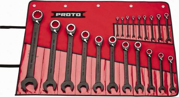 Proto - 20 Piece, 7/32" to 1-1/2", 12 Point Combination Wrench Set - Inch Measurement Standard, Black/Chrome Finish, Comes in Pouch - Americas Industrial Supply