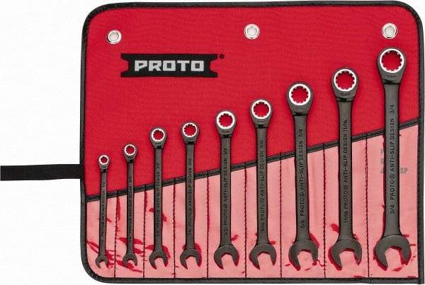 Proto - 9 Piece, 1/4" to 3/4", Ratcheting Combination Wrench Set - 12 Point, Black/Chrome Finish, Comes in Pouch - Americas Industrial Supply