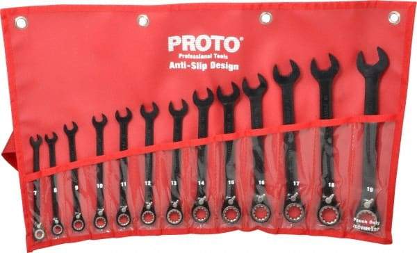 Proto - 13 Piece, 7mm to 19mm, 12 Point Combination Wrench Set - Metric Measurement Standard, Black/Chrome Finish, Comes in Pouch - Americas Industrial Supply