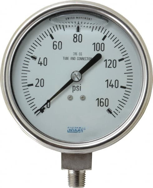 Wika - 4" Dial, 1/4 Thread, 0-160 Scale Range, Pressure Gauge - Lower Connection Mount, Accurate to 1% of Scale - Americas Industrial Supply