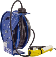 CoxReels - 16 AWG, 50' Cable Length, Cord & Cable Reel with Fluorescent Angle Light with Tool Tap Plug End - 1 Outlet, 13 Amps, 115 Volts, SJTO Cable, Blue Reel, Spring Driven Reel - Americas Industrial Supply