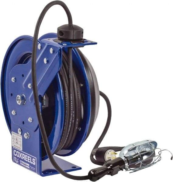 CoxReels - 16 AWG, 100' Cable Length, Cord & Cable Reel with Incandescent Hand Lamp with Tool Tap Plug End - 1 Outlet, NEMA 5-15R, 13 Amps, 115 Volts, SJTO Cable, Blue Reel, Spring Driven Reel - Americas Industrial Supply