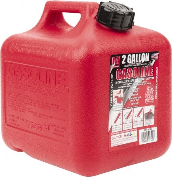 Made in USA - 2 Gal High Density Polyethylene Spill-Proof CARB Gas Can - 9-3/4" High x 9-1/4" Diam, Red - Americas Industrial Supply