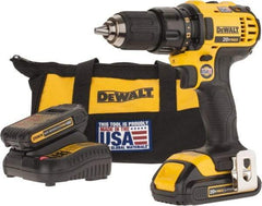 DeWALT - 20 Volt 1/2" Chuck Pistol Grip Handle Cordless Drill - 0-600 & 0-2000 RPM, Keyless Chuck, Reversible, 2 Lithium-Ion Batteries Included - Americas Industrial Supply