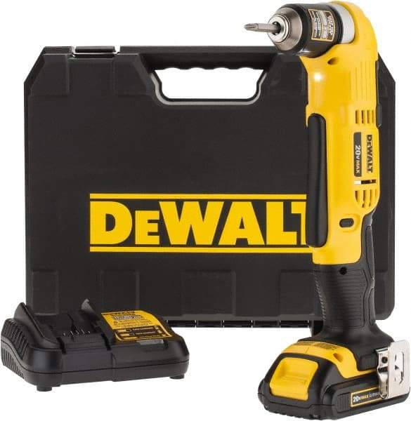 DeWALT - 20 Volt 3/8" Chuck Right Angle Handle Cordless Drill - 0-650 & 0-2000 RPM, Keyless Chuck, Reversible, 1 Lithium-Ion Battery Included - Americas Industrial Supply