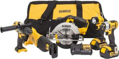 DeWALT - 12 Piece 20 Volt Cordless Tool Combination Kit - Includes 1/2" Hammerdrill, 1/4" Impact Driver, Reciprocating Saw, 6-1/2" Circular Saw & LED Worklight, Lithium-Ion Battery Included - Americas Industrial Supply