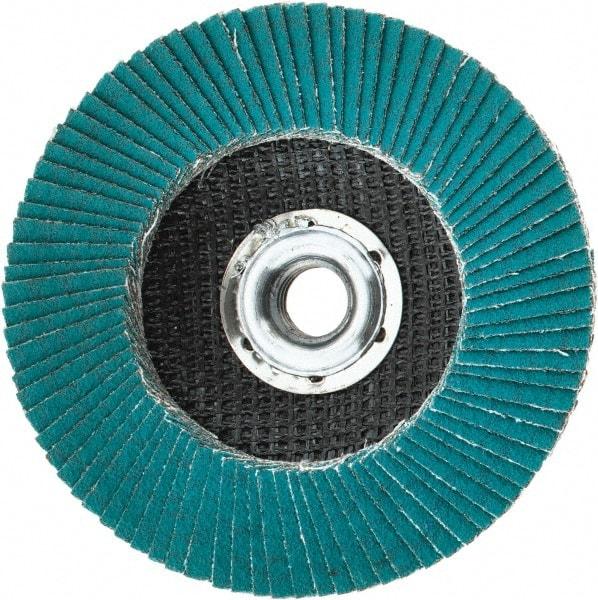 3M - 80 Grit, 4-1/2" Disc Diam, 5/8-11 Center Hole, Type 27 Zirconia Alumina Flap Disc - 13,300 Max RPM, Cloth Backing, Arbor Attaching System, Coated - Americas Industrial Supply