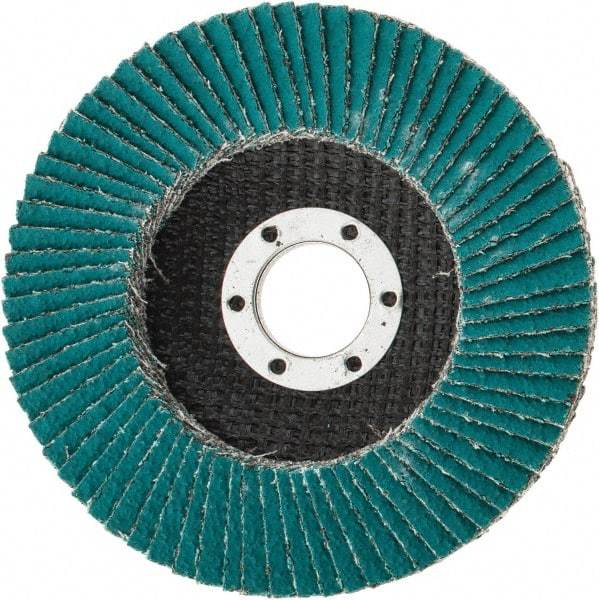 3M - 40 Grit, 4-1/2" Disc Diam, 7/8" Center Hole, Type 27 Zirconia Alumina Flap Disc - 13,300 Max RPM, Cloth Backing, Arbor Attaching System, Coated - Americas Industrial Supply