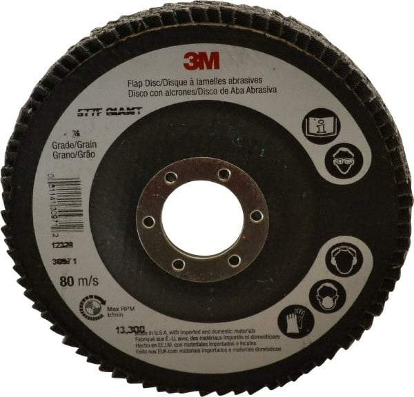 3M - 36 Grit, 4-1/2" Disc Diam, 7/8" Center Hole, Type 27 Zirconia Alumina Flap Disc - 13,300 Max RPM, Cloth Backing, Arbor Attaching System, Coated - Americas Industrial Supply