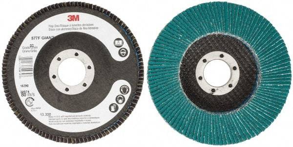 3M - 80 Grit, 4-1/2" Disc Diam, 7/8" Center Hole, Type 27 Zirconia Alumina Flap Disc - 13,300 Max RPM, Cloth Backing, Arbor Attaching System, Coated - Americas Industrial Supply