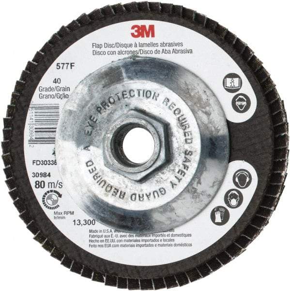 3M - 40 Grit, 4-1/2" Disc Diam, 5/8-11 Center Hole, Type 29 Zirconia Alumina Flap Disc - 13,300 Max RPM, Cloth Backing, Arbor Attaching System, Coated - Americas Industrial Supply