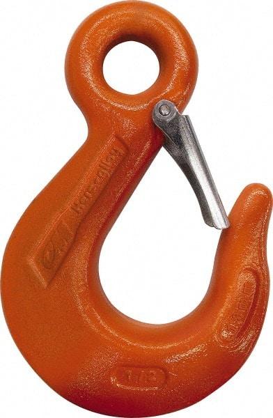 CM - Chain Grade 100, 4,300 Lbs. Load Limit Eye Sling Hook with Latch - 2-1/2 Inch Hook Throat, 4-3/4 Inch Reach, 0.63 Inch Eye Inside Diameter, 9/32 Inch Chain Diameter, 6.45 Inch Overall Length, 0.47 Inch Eye Thickness - Americas Industrial Supply