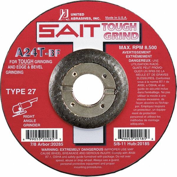 Sait - 24 Grit, 5" Wheel Diam, 1/4" Wheel Thickness, 7/8" Arbor Hole, Type 27 Depressed Center Wheel - Aluminum Oxide, Resinoid Bond, T Hardness, 12,200 Max RPM, Compatible with Angle Grinder - Americas Industrial Supply