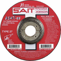 Sait - 24 Grit, 5" Wheel Diam, 1/4" Wheel Thickness, 7/8" Arbor Hole, Type 27 Depressed Center Wheel - Aluminum Oxide, Resinoid Bond, T Hardness, 12,200 Max RPM, Compatible with Angle Grinder - Americas Industrial Supply