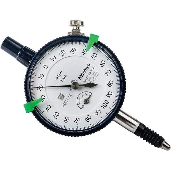 Mitutoyo - 1mm Range, 0-100-0 Dial Reading, 0.001mm Graduation Dial Drop Indicator - 57mm Dial, 0.2mm Range per Revolution, 0.005mm Accuracy, Revolution Counter - Americas Industrial Supply