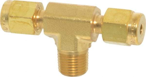 Parker - 1/8" OD, Brass Male Branch Tee - 3,600 Max Working psi, 7/16" Hex, Comp x Comp x MNPT Ends - Americas Industrial Supply