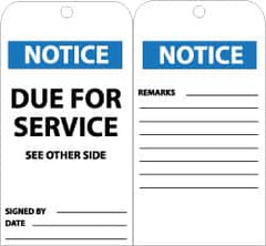 NMC - 3" High x 6" Long, NOTICE - DUE FOR SERVICE, English Safety & Facility Accident Prevention Tag - Tag Header: Notice, 2 Sides, Black, White & Blue Unrippable Vinyl - Americas Industrial Supply