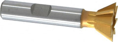 Made in USA - 3/4" Diam x 5/16" Width of Cut, 60° Included Angle, High Speed Steel Dovetail Cutter - 3/8" Shank Diam, 2-1/8" Overall Length, Weldon Flat, TiN Coated - Americas Industrial Supply