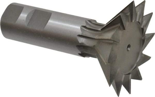 Made in USA - 2-1/2" Diam x 3/4" Width of Cut, 45° Included Angle, High Speed Steel Dovetail Cutter - 1" Shank Diam, 3" Shank Length, 3-3/4" Overall Length, Weldon Flat, Uncoated - Americas Industrial Supply