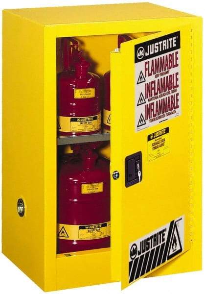Justrite - 1 Door, 1 Shelf, Yellow Steel Space Saver Safety Cabinet for Flammable and Combustible Liquids - 35" High x 23-1/4" Wide x 18" Deep, Manual Closing Door, 12 Gal Capacity - Americas Industrial Supply