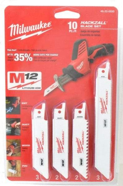 Milwaukee Tool - 10 Piece, 4" Long x 0.035" Thick, Bi-Metal Reciprocating Saw Blade Set - Straight Profile, 6 to 24 Teeth per Inch - Americas Industrial Supply