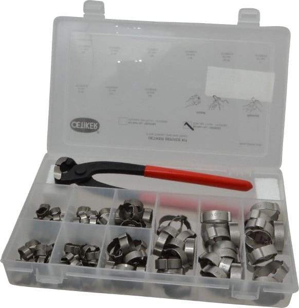 Oetiker - 124 Piece, 5/16 to 1" Diam, 2-Ear Service Clamp Kit - 123 Clamps & 1 Stainless Steel Side Jaw Pincer - Americas Industrial Supply