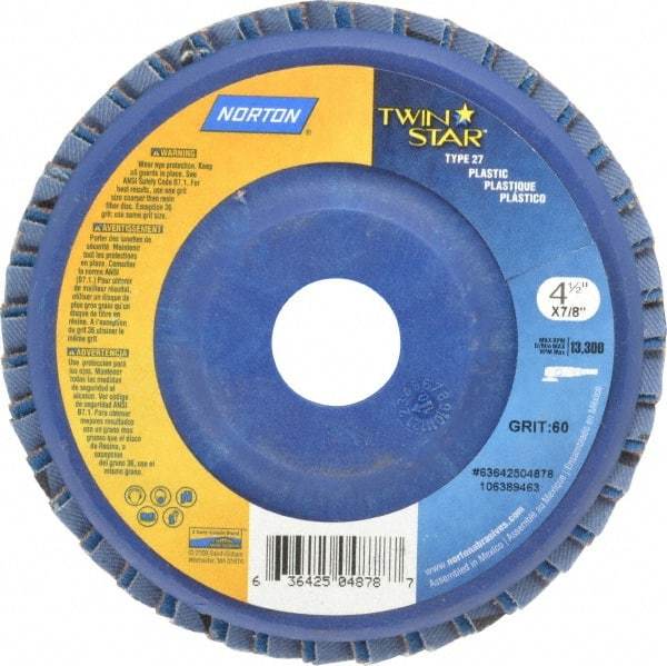 Norton - 60 Grit, 4-1/2" Disc Diam, 7/8" Center Hole, Type 27 Ceramic Flap Disc - 13,000 Max RPM, Plastic Backing, Arbor Attaching System, Coated - Americas Industrial Supply