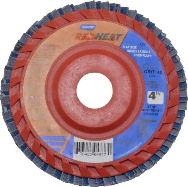 Norton - 40 Grit, 4-1/2" Disc Diam, 7/8" Center Hole, Type 27 Ceramic Flap Disc - 13,000 Max RPM, Plastic Backing, Arbor Attaching System, Coated - Americas Industrial Supply